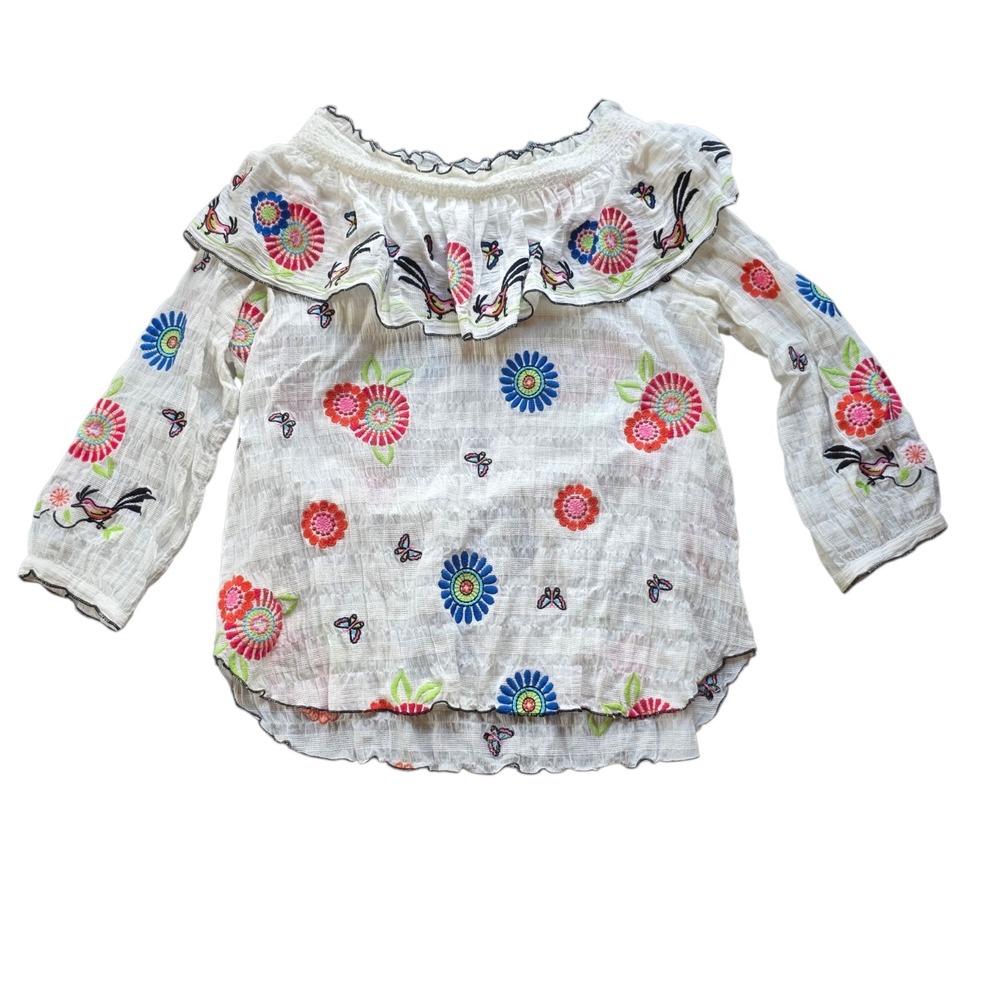 John Mark White Embroidered Blouse Bright Star Butterflies Birds Small #1124